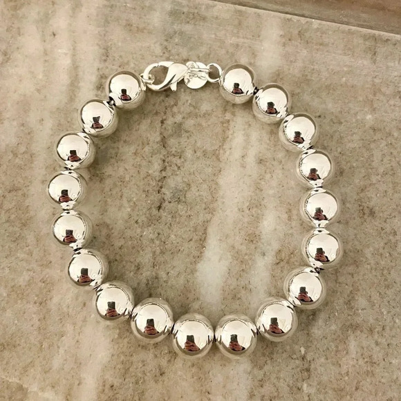 925 Sterling Silver Bead Bracelet 10 MM Ball Bracelet Large Round Bracelet - Picture 2 of 6